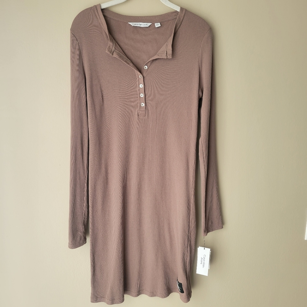 Calvin Klein Jeans Long Sleeve Ribbed Henley Dress Size Large Taupe